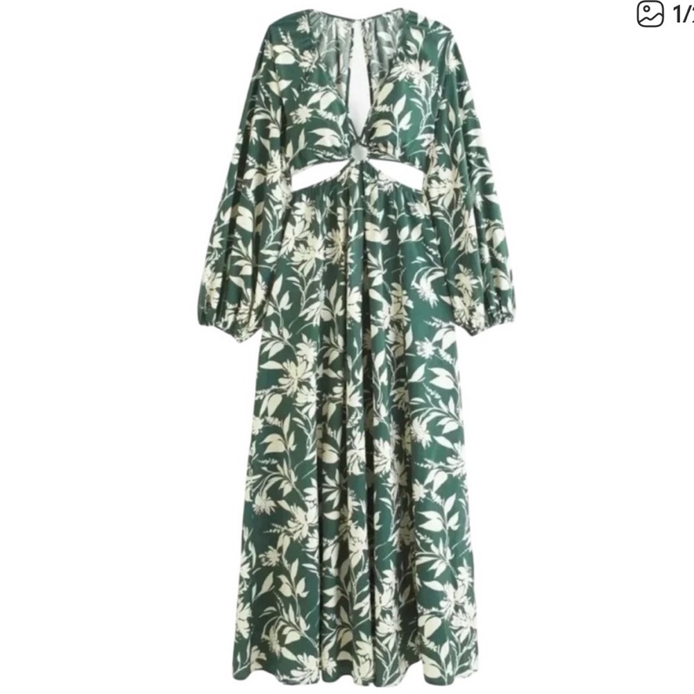 NWOT Abercrombie & Fitch Long-Sleeve Plunge Cutout Maxi Dress, SP, Green Pattern